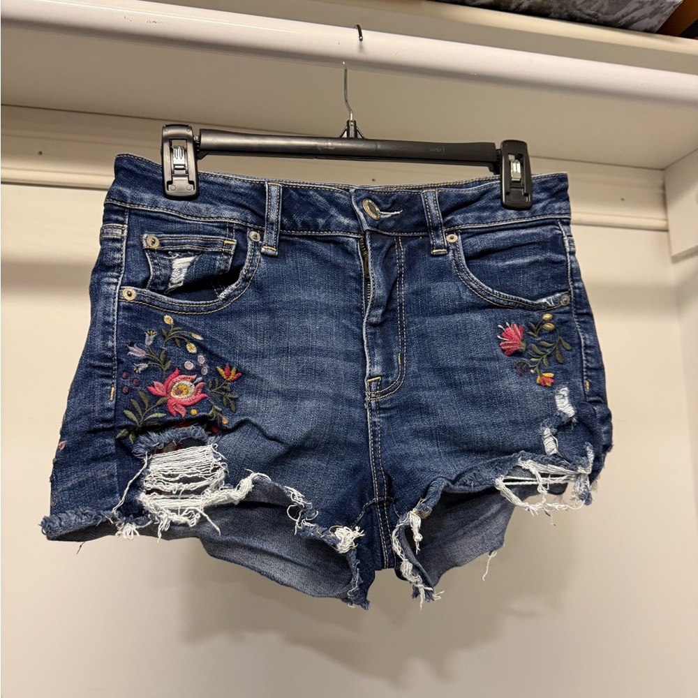 American Eagle Blue Jean Shorts with Floral Embroidery